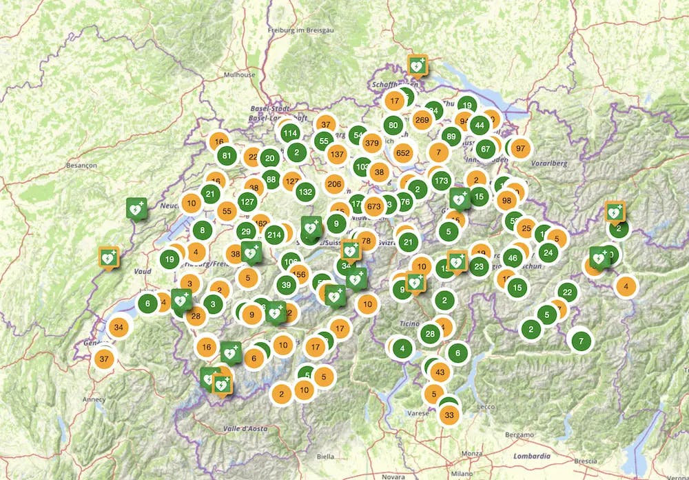 La carte des défibrillateurs en suisse - une carte qui sauve des vies